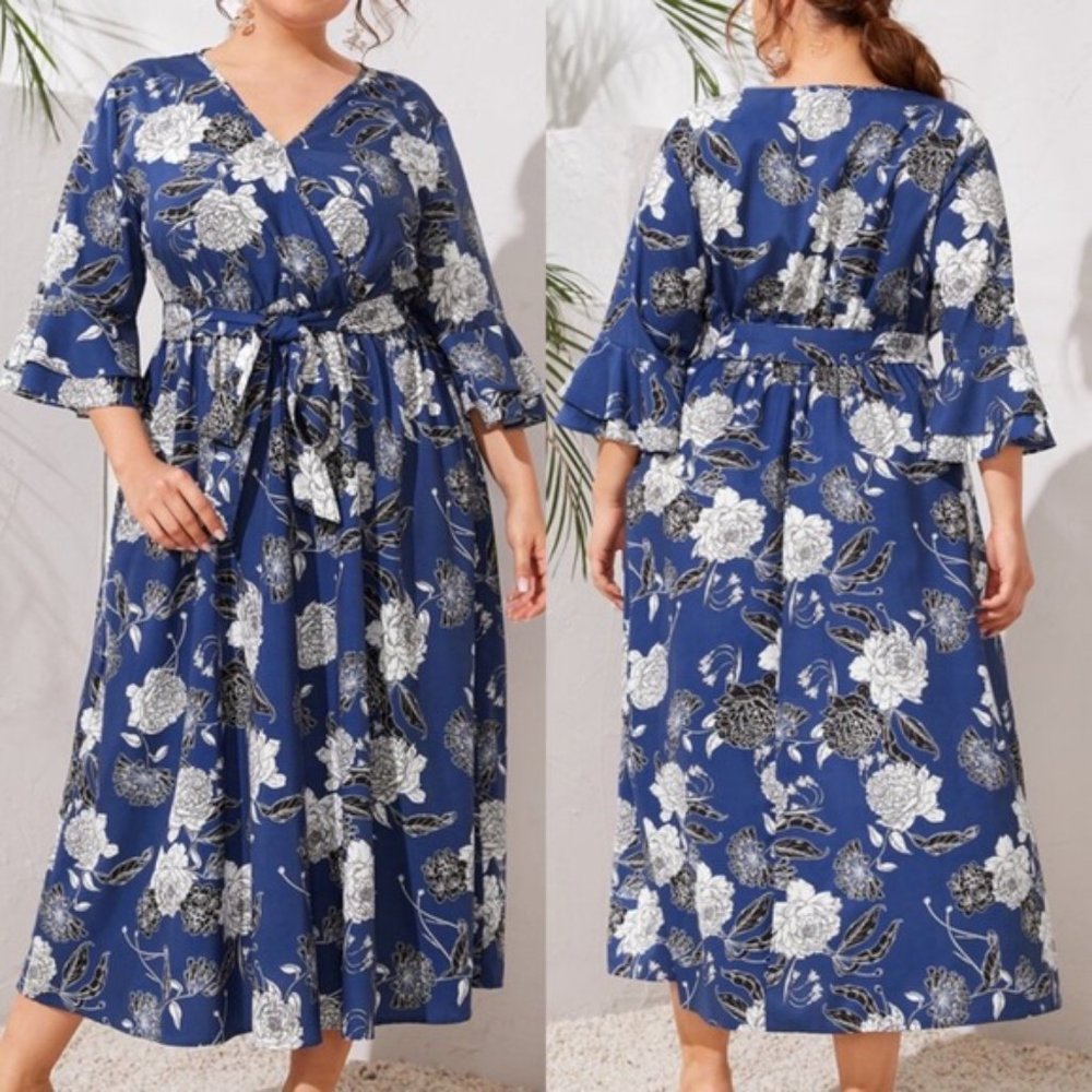City Chic Teal Blue White Floral Print 3/4 Sleeve Chiffon Midi Dress Size 22